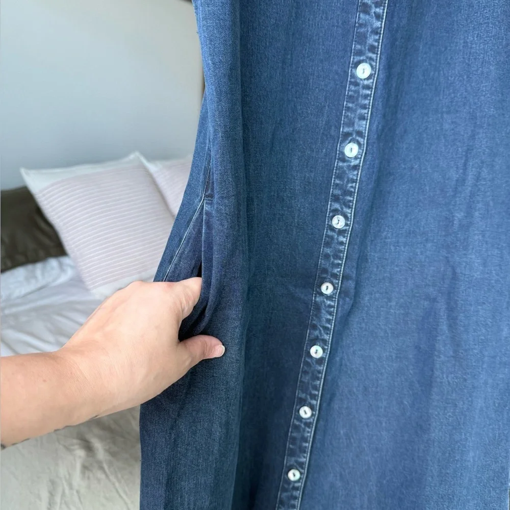 Soft Surroundings Denim Short Sleeve Button Shirt Dress Womens S Blue Midi Slit - Picture 5 of 14